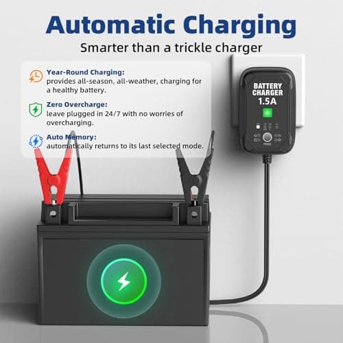 1.5A 6V/12V Car Battery Charger – Automatic Trickle Charger, Battery Maintainer with Overcharge Protection & Temperature Compensation – for Lead Acid, AGM, Gel, Lithium Batteries