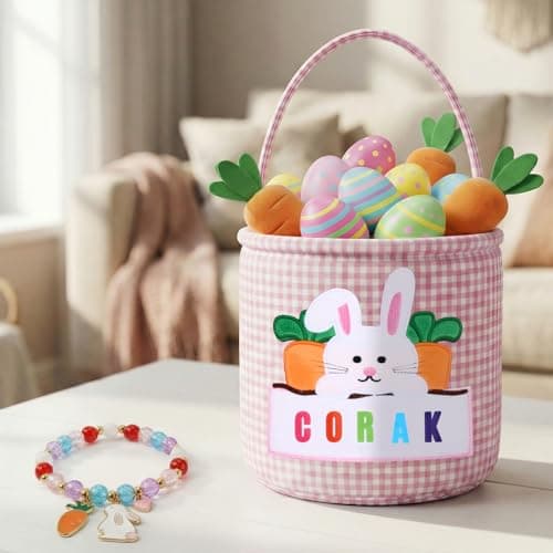 OXYEFEI Easter Baskets for Kids,Pink Embroidered Reusable Empty Bunny Egg Personalized Easter Basket with Bracelet for Party Gifts (Pink) — view 7