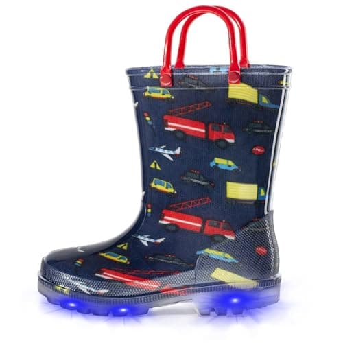 EUXTERPA Kids Toddler Light Up Rain Boots Boys Waterproof Patterns and Glitter Boots with Easy On Handles, Car, Toddler Size 10