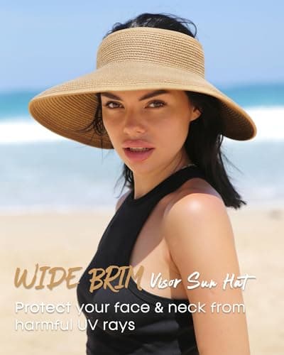 FURTALK Sun Visor Hats for Women Wide Brim Straw Roll Up Ponytail Summer Beach Hat UV UPF 50 Packable Foldable Travel — view 3