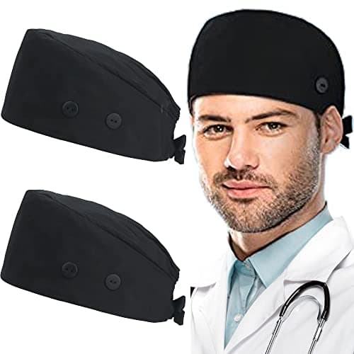 ABAMERICA Working Caps with Button and Sweatband, Adjustable Working Hats for Women Men, One Size(Tie Back or Toggle), A-90 2pack Black+ Black, 1-2