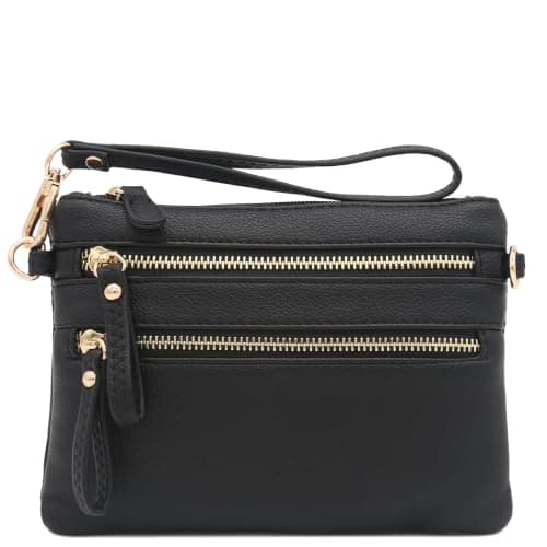 FashionPuzzle Multi Zipper Pocket Small Wristlet Crossbody Bag (Black) — view 4