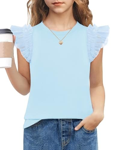 Arshiner Girls Blouses T Shirts for Kids Mesh Ruffle Flying Short Sleeve Summer Soft Clothes Crewneck Tees Light Blue 8 Years