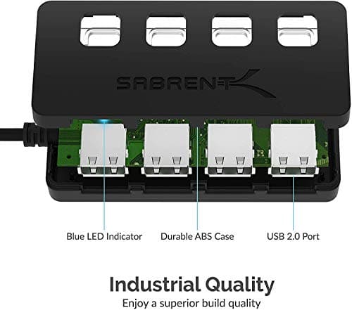 SABRENT 4 Port USB 2.0 Data Hub with Individual LED lit Power Switches [Charging NOT Supported] for Mac & PC (HB-UMLS) — view 5