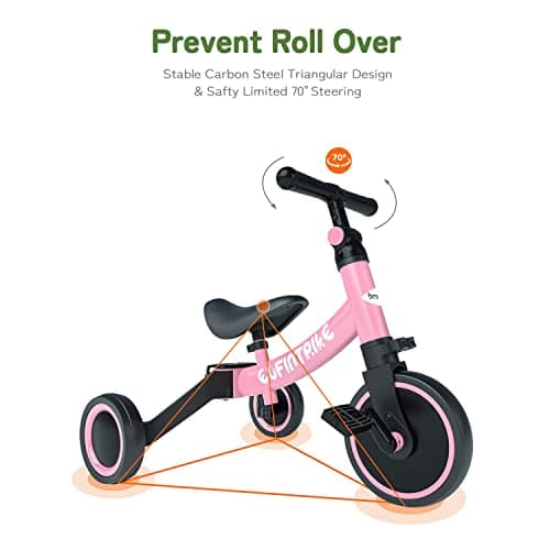 besrey 5 in 1 Toddler Bike for 1 Years to 4 Years Old Kids, Toddler Tricycle Kids Trikes Tricycle, Toys for Boy & Girl, Balance Training, Removable Pedals - Pink — view 3
