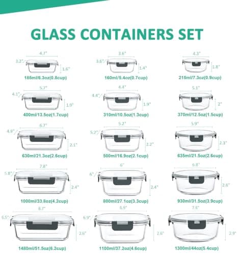 KOMUEE 30 Pieces Glass Food Storage Containers Set, Glass Meal Prep Containers Set with Snap Locking Lids, Airtight lunch Containers for Microwave, Oven, Freezer & Dishwasher,Gray