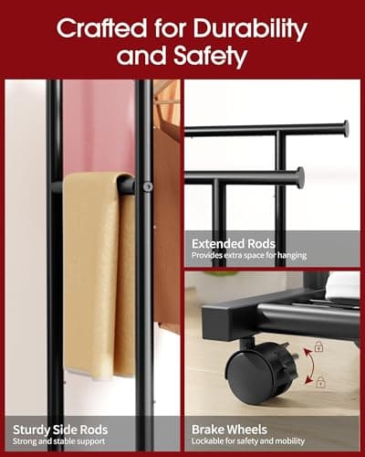 Sakugi Clothing Rack - Double Rod Coat Rack with Fixed Extension Bar, Built-In Mesh Shelf & Lockable Wheels, Multi-Purpose Clothes Rack for Bedroom, Laundry, Entryway, 98cm x 42cm x 150cm, Black — view 4