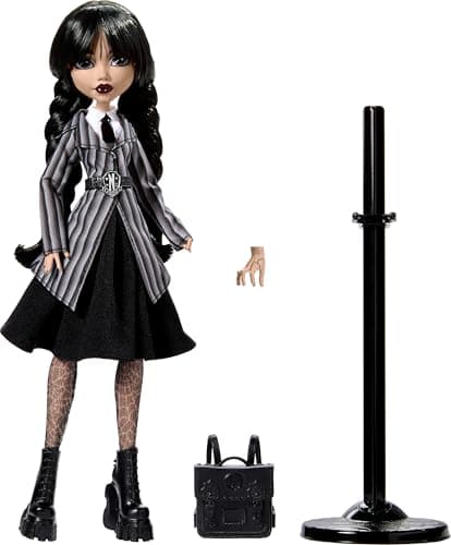 Monster High Wednesday Doll and Accessories, Wednesday Addams Collectible in Nevermore Academy Uniform with Thing and Backpack, Doll Stand — view 5