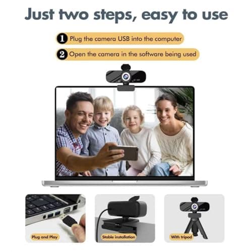 Tewiky Full HD Webcam with Built-in Microphone and Rotatable Tripod, 1080P Video and Wide Angle Camera, Privacy Cover, for Desktop PC or Laptop Computer — view 2