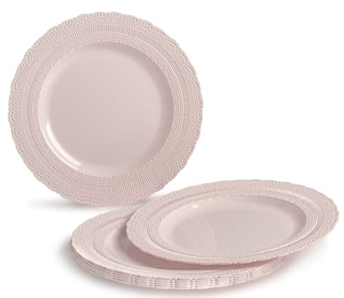 " OCCASIONS " 50 Plates Pack (25 Guests)-Extra Heavyweight Vintage Wedding Disposable/Reusable Plastic Plates -25 x 11'' Dinner + 25 x 8.25'' Salad/dessert (Chateau Blush Pink) — view 2