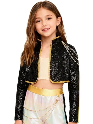 YONGHS Girls Sequin Popular Singer Tops Music Festival Stage Performance Sparkly Dance Crop Jacket Black 6 Years