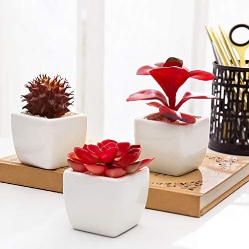 MyGift Set of 3 Miniature Artificial Succulent Plants w/Ceramic Plant Pots, Red — view 2