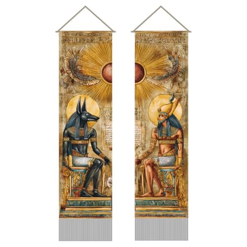 AHANDMAKER 2Pcs Ancient Egypt Mythology Tapestry Godsand Pharaohs Art Wall Hanging Decor Vertical Long Tapestry with Tassels for Bedroom Living Room Home Office Decoration, 45.7x13 Inch