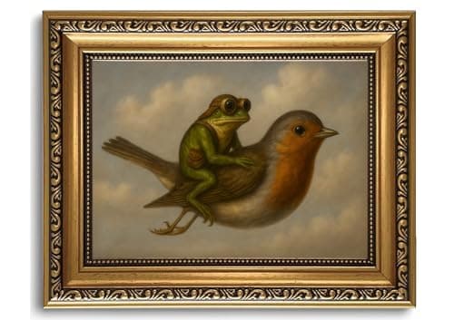 WZGZXU Gold Framed Wall Art Vintage Pictures Wall Decor Frog Riding Bird Canvas Art Funny Paintings Animal Prints Antique Artwork For Living Room Bedroom 8x10in
