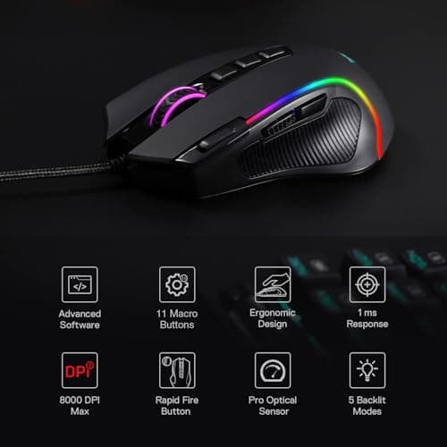 Redragon M612 Predator RGB Gaming Mouse, 8000 DPI Wired Optical Mouse with 11 Programmable Buttons & 5 Backlit Modes, Software Supports DIY Keybinds Rapid Fire Button — view 2