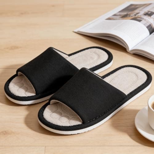 Dokela Mens Open Toe House Slippers Breathable Slip-on Indoor Slippers with Memory Foam Soft Machine Washable Bedroom Home Shoes