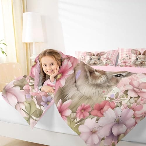 Feelyou Cute Rabbit Kids Comforter Set Twin Size Cartoon Bunny Bedding Set Flower Floral Duvet Quilt for Kids Boys Girls Bedroom Pink Plaid Decor Microfiber Ultra Soft Breathable — view 4