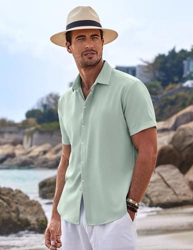 COOFANDY Mens Beach Linen Shirt Casual Short Sleeve Button Up Shirts Lightweight Breathable Tropical Shirts for Men — view 4