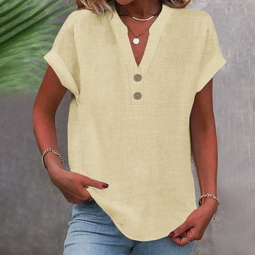 Linen Shirts for Women V Neck Button Up Shirt Short Sleeve Loose Fit Lightweight Blouses Casual Summer Beach T-Shirt Yellow