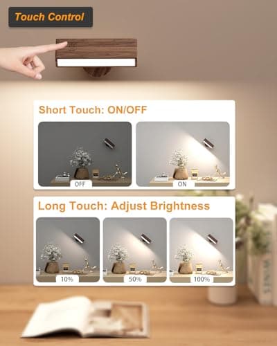DetarZinLED Battery Operated Wall Sconces Set of 2,Rechargeable Wall Lights Wood,Stick On Wall Lights for Bedroom,Wall Mounted Bedside Reading Lamps Dimmable,Battery Powered Wall Lamp for Bedroom — view 3