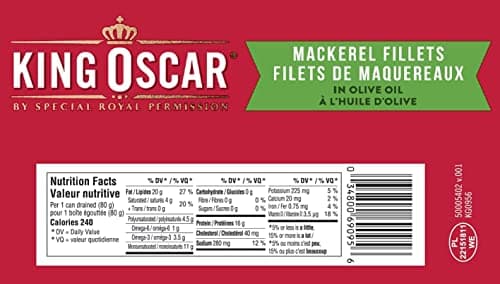 King Oscar, Skinless & Boneless Mackerel Fillets in Olive Oil, 115 Gram Cans (Pack of 12)