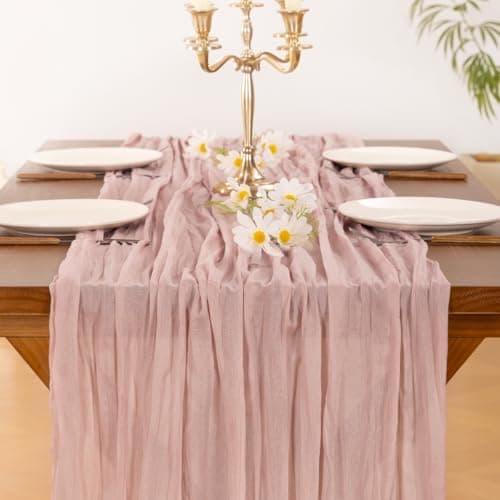 Socomi Pink Cheesecloth Table Runner Summer Boho Rustic Gauze Dusty Pink Farmhouse 120 inch 10FT Cheese Cloth for Wedding Tea Party Baby Shower Birthday Home Decor Holiday Decorations — view 4