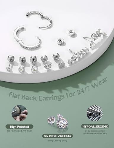 LOLIAS Hypoallergenic Flat Back Earrings Cartilage Earring Stacks - Surgical Steel Earrings for Sensitive Ears - Small Stainless Steel Flatback Stud Hoop Earring Sets for Helix Tragus Conch Daith Multiple Piercing Jewelry Trendy Silver — view 2
