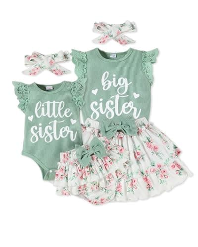 FAMIHAO Big Sister Little Sister Matching Outfits Baby Girl Romper Tops with Floral Shorts Summer Clothes Set,3-6M Green
