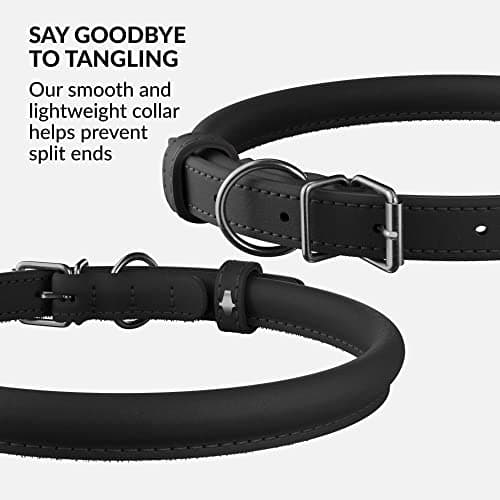 CollarDirect Rolled Leather Dog Collar, Soft Padded Round Puppy Collar, Handmade Genuine Leather Collar Dog Small Large Cat Collars (Black Smooth, 48-53 cm)