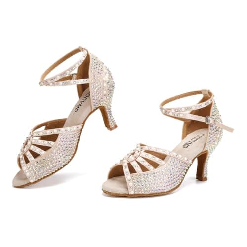JUODVMP Women's Latin Dance Shoes Rhinestones Satin Ballroom Dance Shoes Salsa Professional Dance Shoes,Model 430,3 inch Heel,Nude,6.5 US — view 2