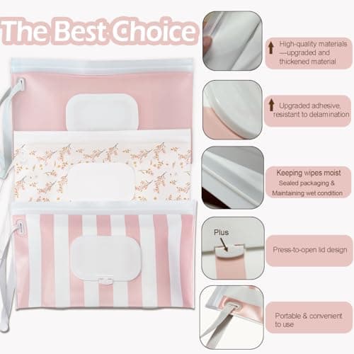Baby Wipe Holder,Wipe Dispenser, 3-Pack Portable Refillable Wipe Container,Reusable Travel Baby Wipes Case, Waterproof and Dustproof, Wipe Holder for Diaper (Pink) — view 5