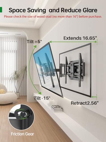 USX Mount Full Motion TV Wall Mount for Most 42-90 inch Flat Screen/LED/4K, TV Mount Bracket Dual Swivel Articulating Tilt 6 Arms, Max 16" Wood Studs, VESA 600x400mm, Holds up to 132lbs — view 6