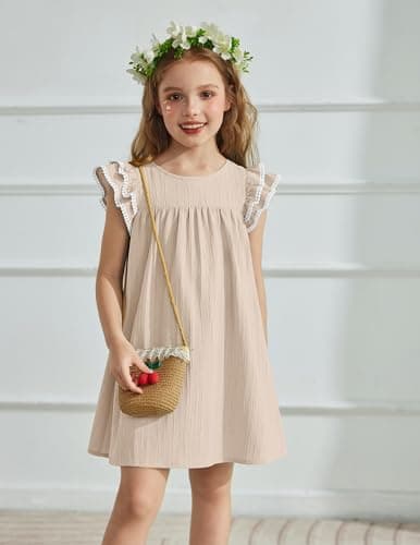 Arshiner Girls Summer Dress Toddler Ruffle Sleeve Dresses Beige Dress for Girls Kids Swing Casual Sundress 12 Months — view 6