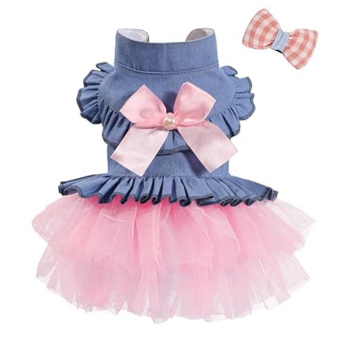 SIMCAPY Dog Dress, Fashion Puppy Tutu Princess Dresses for Small Dogs Girl, Sweet Skirt with Dog Bowknot Clips, Spring Dog Cat Clothes Pet Apparel (Denim Princess Dress, XX-Small)
