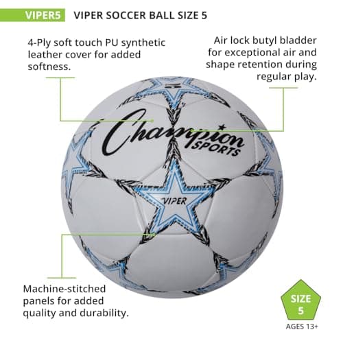 Champion Sports Viper Soccer Ball, Size 5 – Soft Touch TPU Cover, Airlock Bladder – Ages 12 & Up – Blue/Black/White — view 3