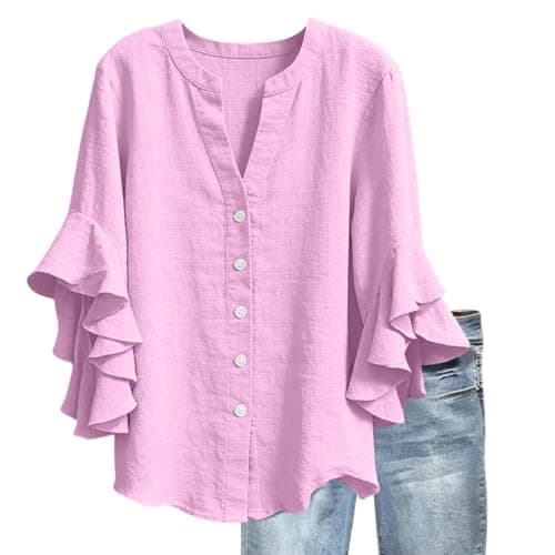 3/4 Ruffle Sleeve Cotton Linen Shirts for Women Dressy V Neck Beach Tunic Tops Elegant Summer Casual Work Blouses Hot Pink