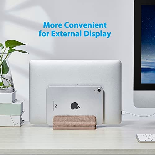 CoStySee Leather Vertical Laptop Stand,Dual Laptop Holder Stand,Laptop Organizer with Adjustable Dock (18-26mm/0.7-1 in) for All MacBook/Tablet/Surface/Dell/iPad (Apricot) — view 2