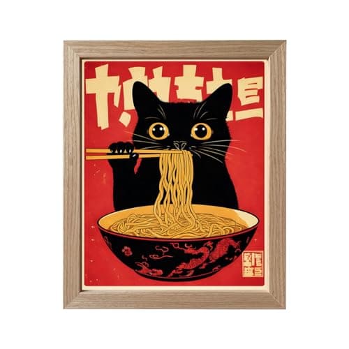 Framed Cat Ramen Print Posters Japanese Kitchen Canvas Wall Art Japandi Wall Decor Minimalist Painting Dining Room Picture Wall Decor for Home