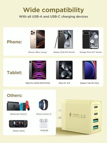 USB C Charger Block, 40W 4-Port Fast Charger 20W Type C Charging Block 3.1A USB Wall Charger Dual Port PD+QC Charging Cube for iPhone 16 15 14 13 12 Pro Max XS, iPad, Samsung Phone (Yellow) — view 5