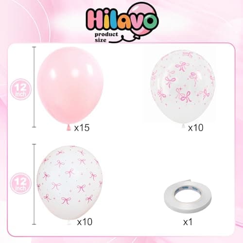 HILAVO Pink Bow Balloons, 12 Inch Pastel Light Pink Transparent White Bow Print Coquette Balloon for Girls Women Birthday Bachelorette Party Bridal Baby Shower Wedding Anniversary Decorations Supplies