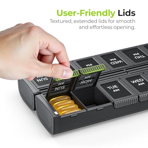AUVON Innovative Foldable Weekly Pill Organizer Morning Evening with Large Capacity, Pill Case 7 Day AM PM with Dual Protection, User-Friendly Travel Pill Box for Medications, Fish Oils, Vitamins — view 6