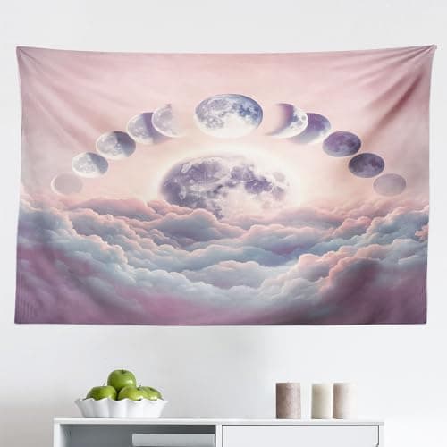 Ambesonne Pink Tapestry, Pastel Sky Scene with Moon Phases and Fluffy Clouds Cumulus of Softness, Fabric Wall Hanging Decor for Bedroom Living Room Dorm, 45" X 30", Mauve Pale Rose and Blue