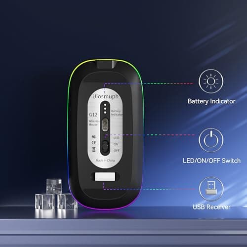 Uiosmuph LED Wireless Mouse, G12 Slim Rechargeable Silent Mouse, 2.4G Portable USB Optical Computer Mice with USB Receiver and Type C Adapter (Matte Black) — view 5