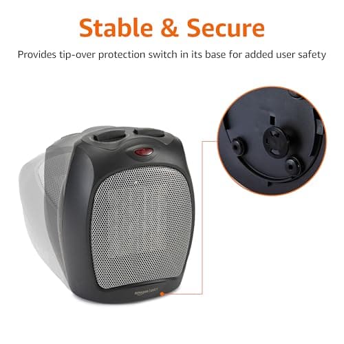 Amazon Basics Ceramic Space Heater, Portable Indoor Heating Solution, With Overheat and Tip-Over Protection, Thermostat, Non-Oscillating, 1500W, 7.52"D x 6.34"W x 9.45"H, Black — view 4