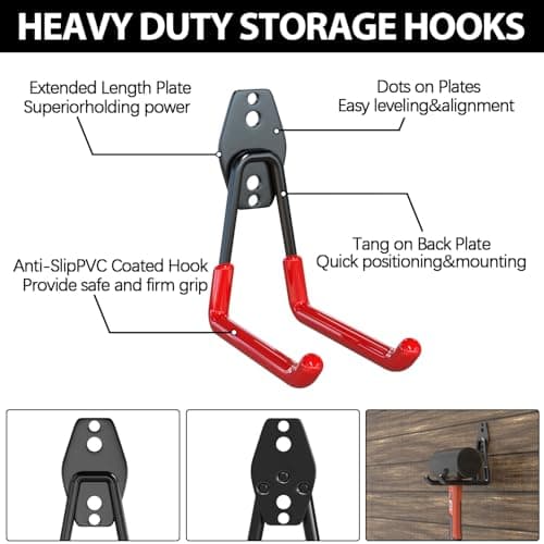 3-H Garage Hooks Heavy Duty, Tool Hangers for Garage Wall Hooks 14PC, Skateboard Wall Mount with 3 Welding Spot for Organizing Power and Garden Tools, Ladder, Ropes, Chair, Shovel (Red) — view 2