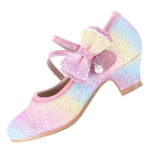 EIGHT KM Girls High Heel Dress Shoes Mary Jane Princess Wedding Party Pump Shoes EKM7035 Sparkle Glittery Crystal Pearl Bow Rainbow US Toddler Size 8