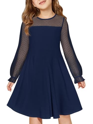 Haloumoning Girls Contrast Mesh Long Sleeve High Waist A Line Short Dress with Pockets, Navy Blue, 7-8 Years
