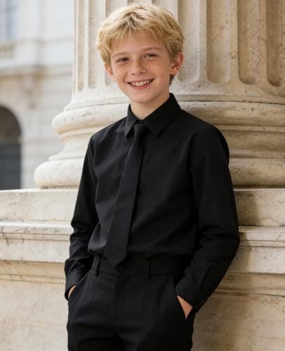 Kinberr Boys Girls Black Long Sleeve Dress Shirt Formal Button Down Uniform Shirt for Casual Wear — view 3
