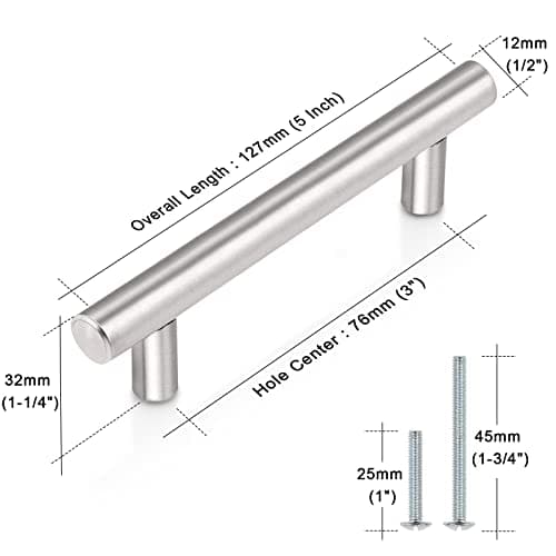 Probrico (30 Pack 3 Inch Hole Centers Kitchen Cabinet Handles Euro T Bar Cabinet Pulls Stainless Steel Kitchen Drawer Handles Brushed Nickel Furniture Dresser Cabinet Hardware, 5 Inch Total Length — view 5