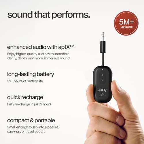 AirFly Pro 2 – Bluetooth Adapter for Airplane, Pair 2 AirPods or Wireless Headphones – 3.5mm AUX Bluetooth Transmitter and Receiver for Cars, Boats, Treadmills, TVs– Airplane Travel Essentials, Black — view 3